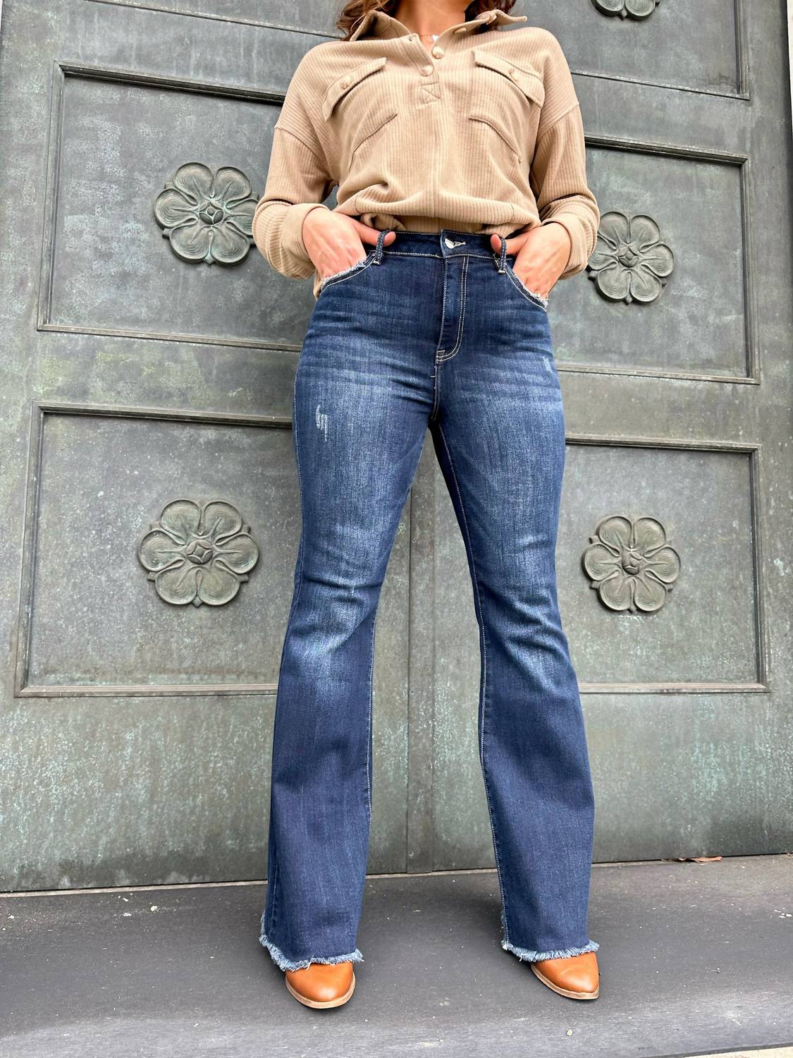 Risen - Farnsworth High Rise Vintage Frayed Hem Flare Jeans