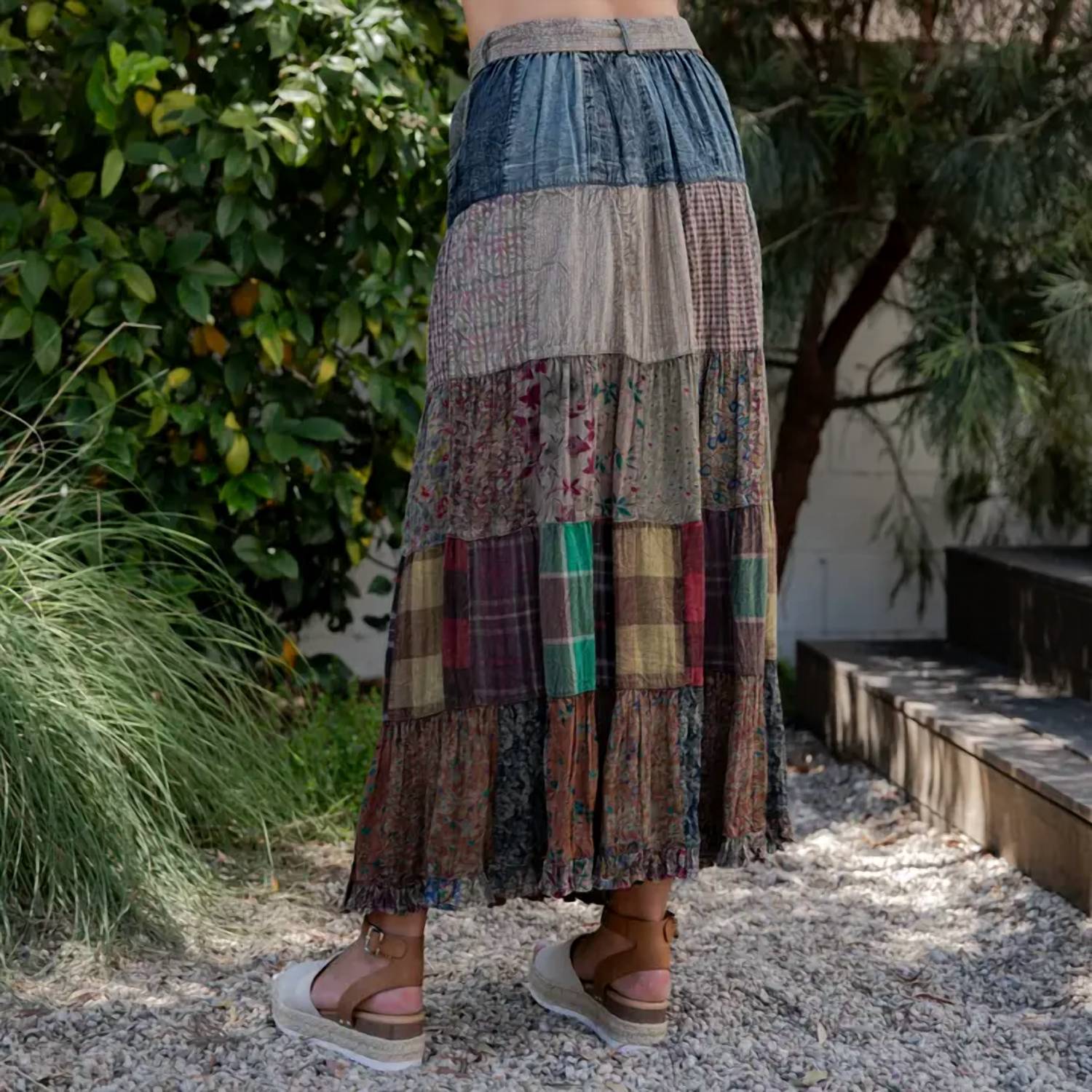 Young Threads - Patchwork Belted Maxi Skirt