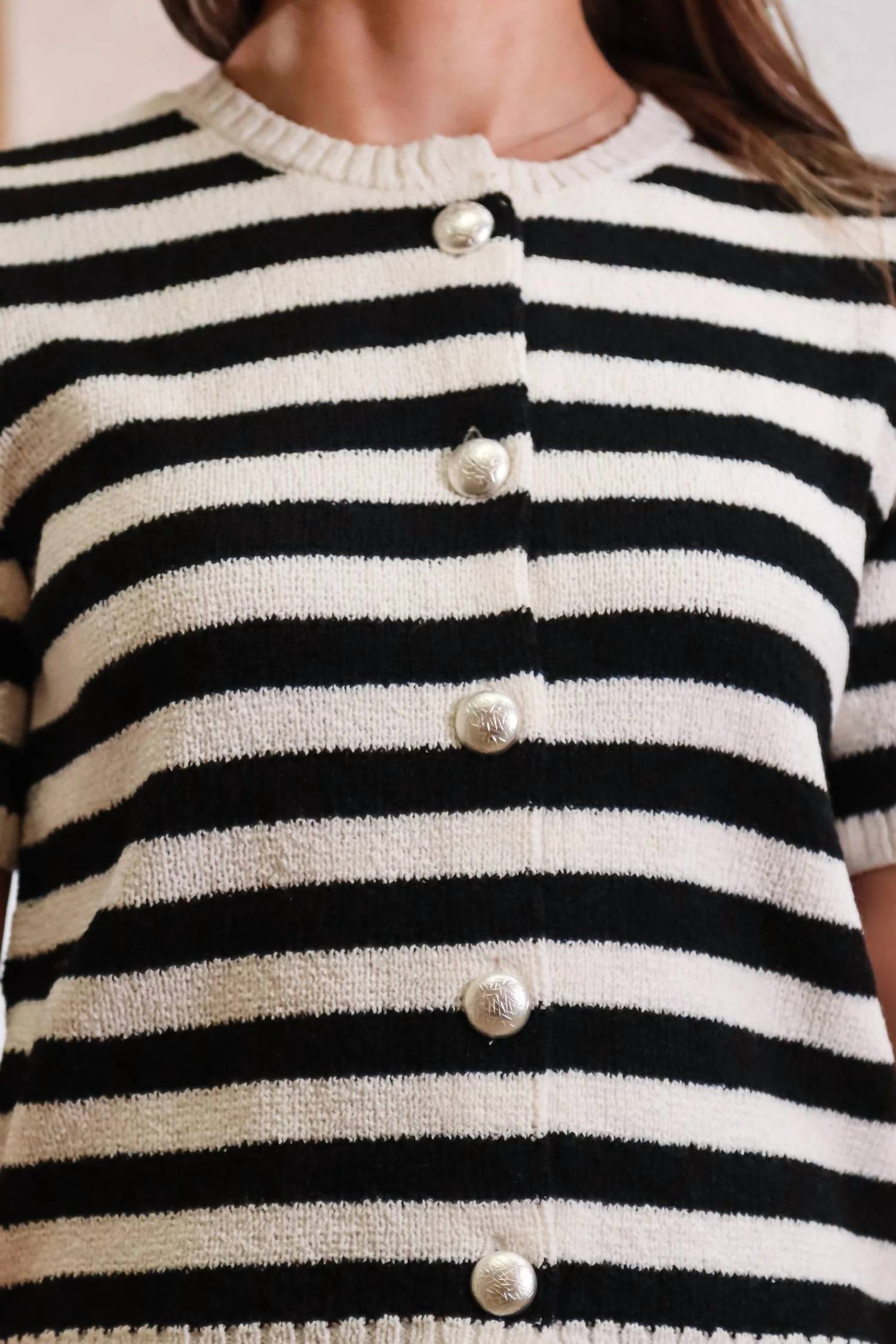 SAGE THE LABEL Daphne Striped Button Sweater in black ivory - women's cardigan - alternate view