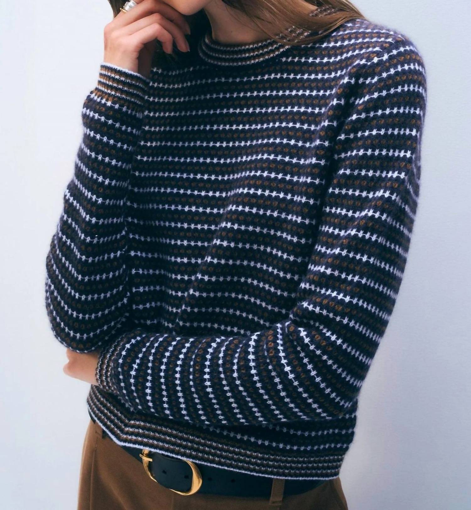 White + Warren - Cashmere Textured Stripe Crew Sweater