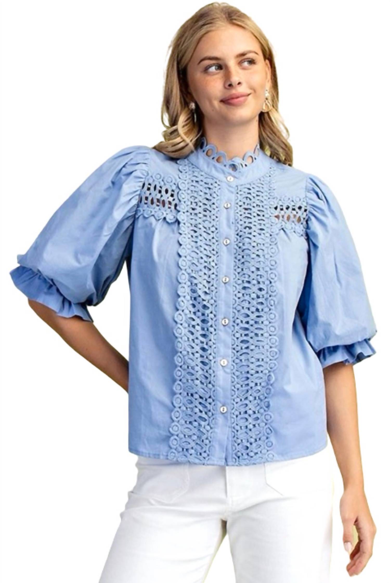 GiGiO Women's Trim Detail Button Down Blouse in blue - women's blouse - alternate view
