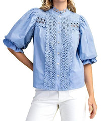 GiGiO Women's Trim Detail Button Down Blouse in blue - women's blouse - detail view