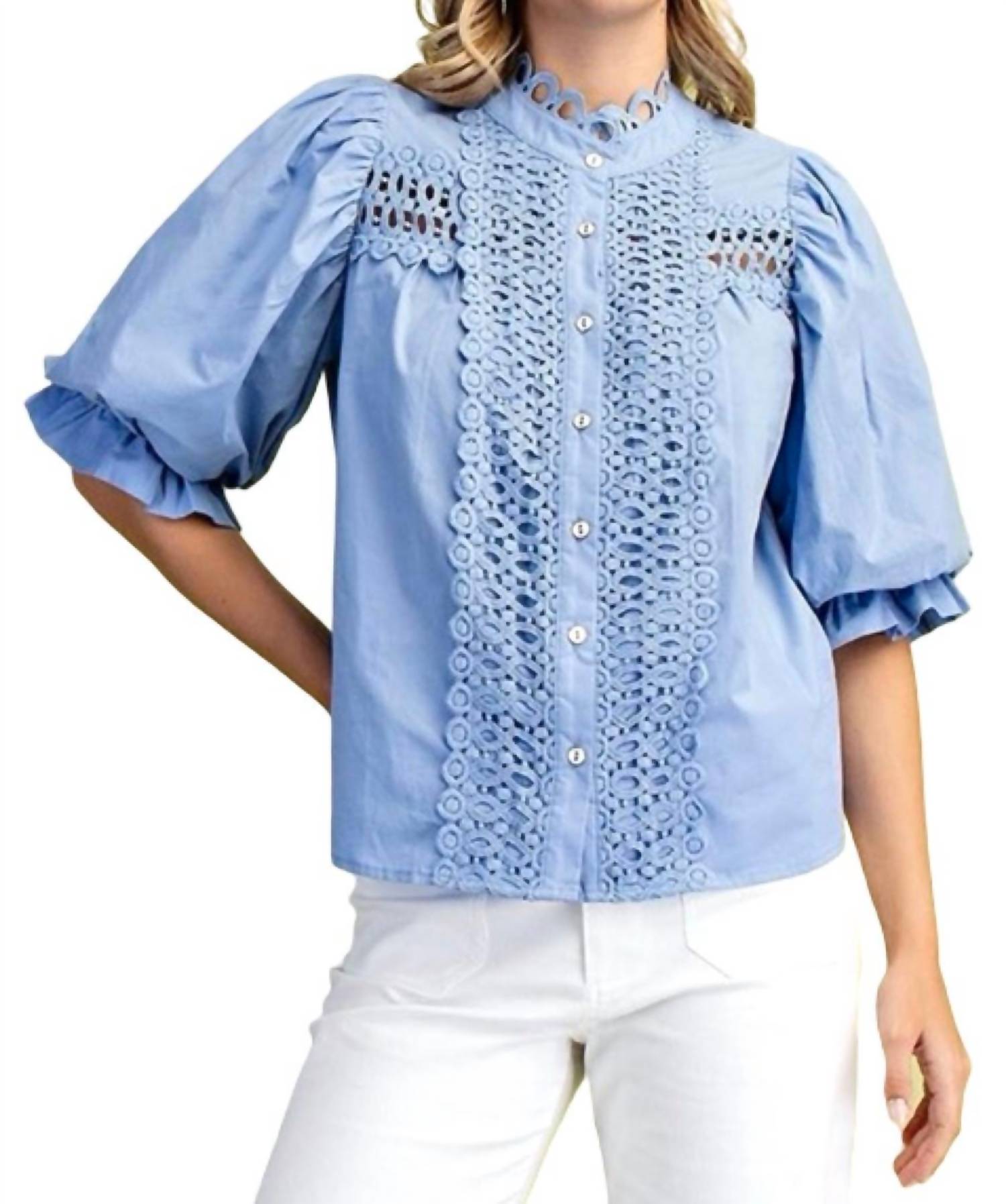 GiGiO Women's Trim Detail Button Down Blouse in blue - women's blouse - detail view