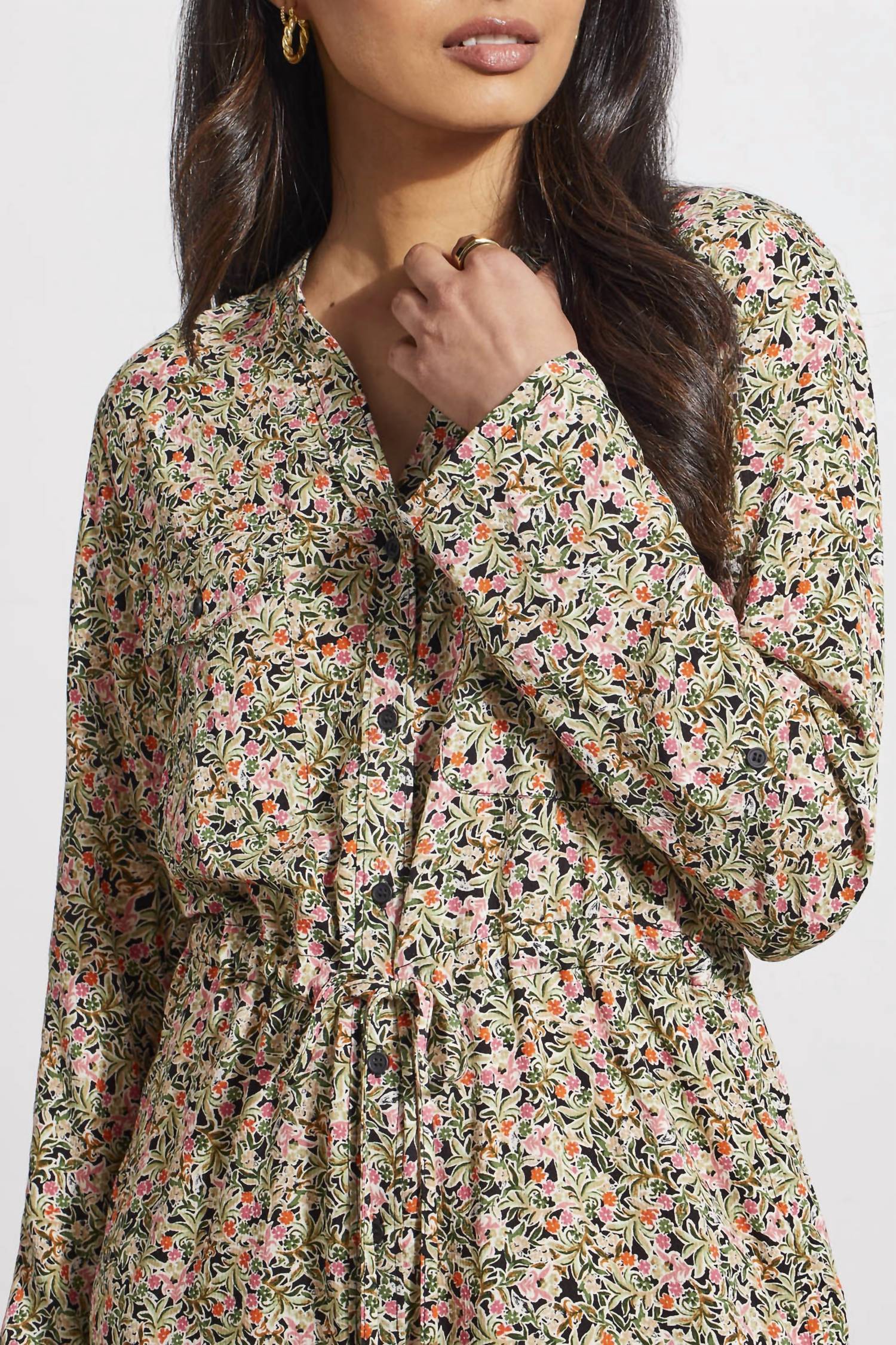 Tribal - Floral Print Button Down Dress with Drawstring