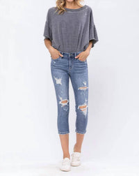 Judy Blue Destroyed Mid-Rise Capri Jeans in medium wash - women's pants - alternate view