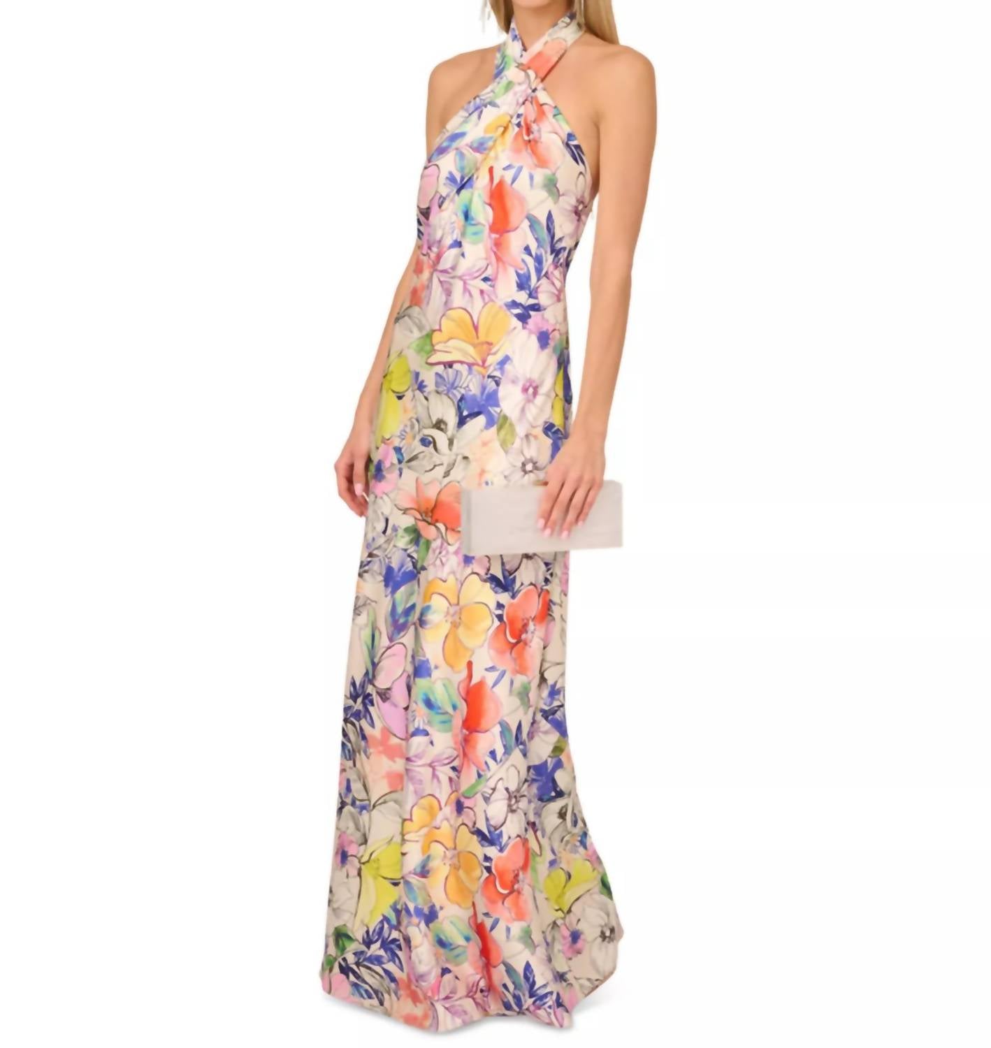 Adrianna Papell - Women's Printed Crossover Neck Satin Gown