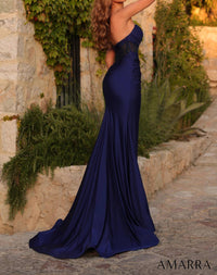 AMARRA Sheer Corset Prom Dress in navy - women's dress - detail view