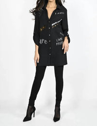 Frank Lyman Britta Tunic Length Top With Sequin Wording in black - women's shirt