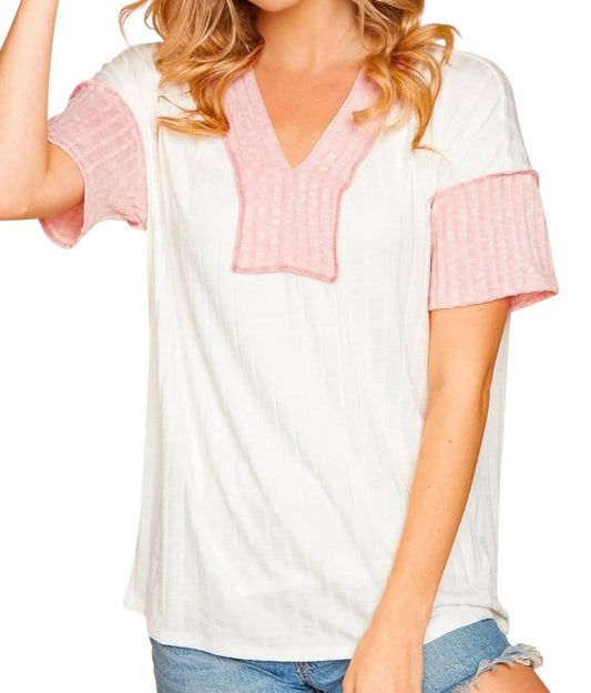 Haptics - VNECK SHORT SLEEVE TOP WITH PINK DETAIL