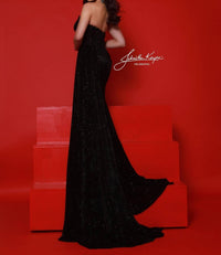 Johnathan Kayne Strapless V-neck Draped Prom Gown in black - women's dress - detail view