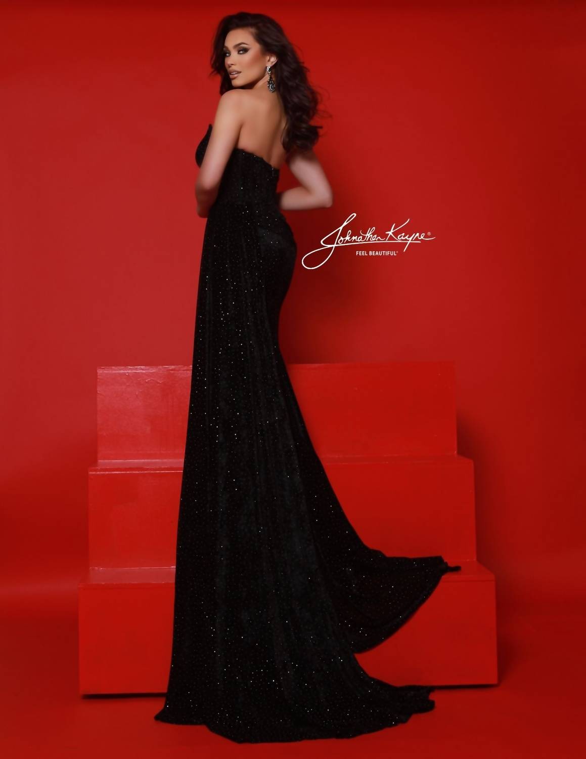 Johnathan Kayne Strapless V-neck Draped Prom Gown in black - women's dress - alternate view