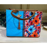 GMCE Global Trading Women's Artisanal Embroidered Look Leather Tote Bag in turquoise - women's bag
