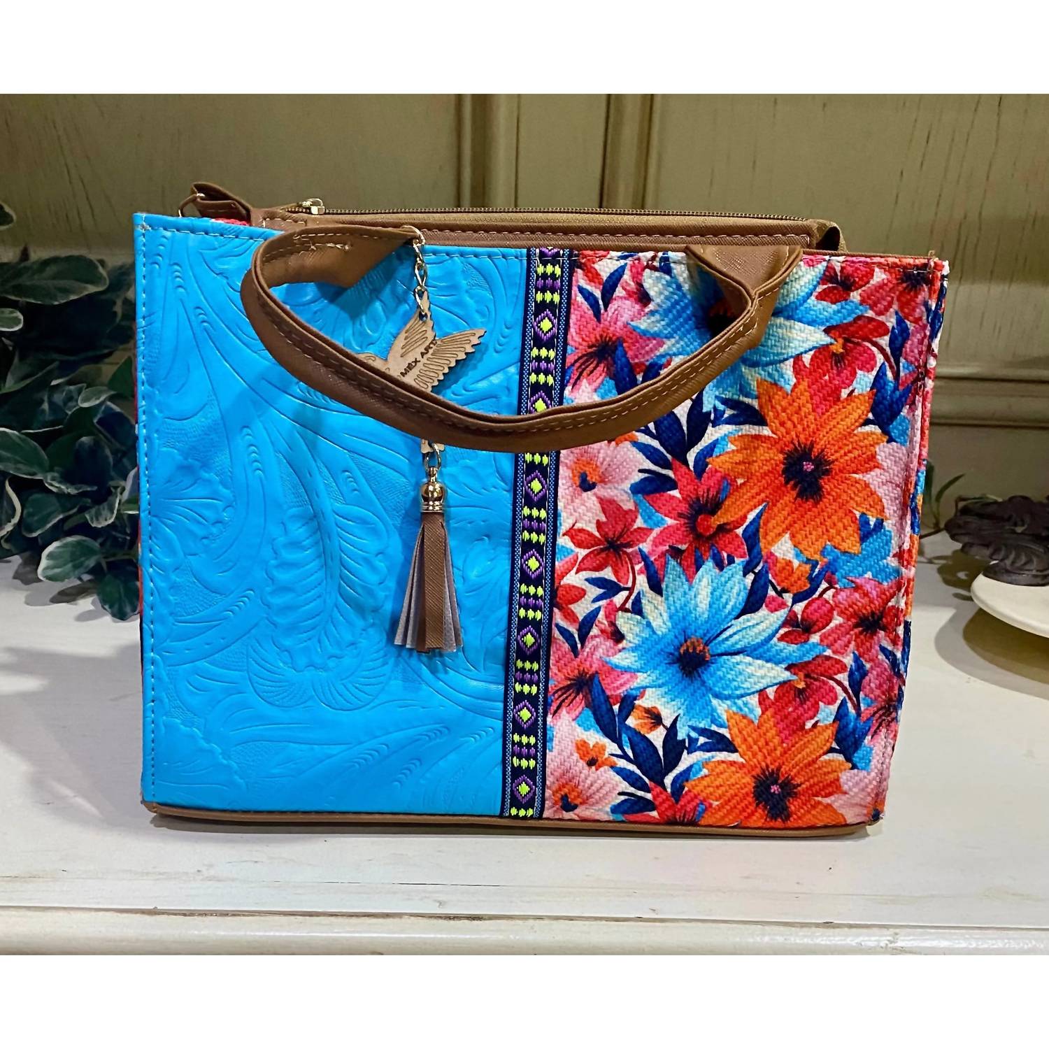 GMCE Global Trading Women's Artisanal Embroidered Look Leather Tote Bag in turquoise - women's bag