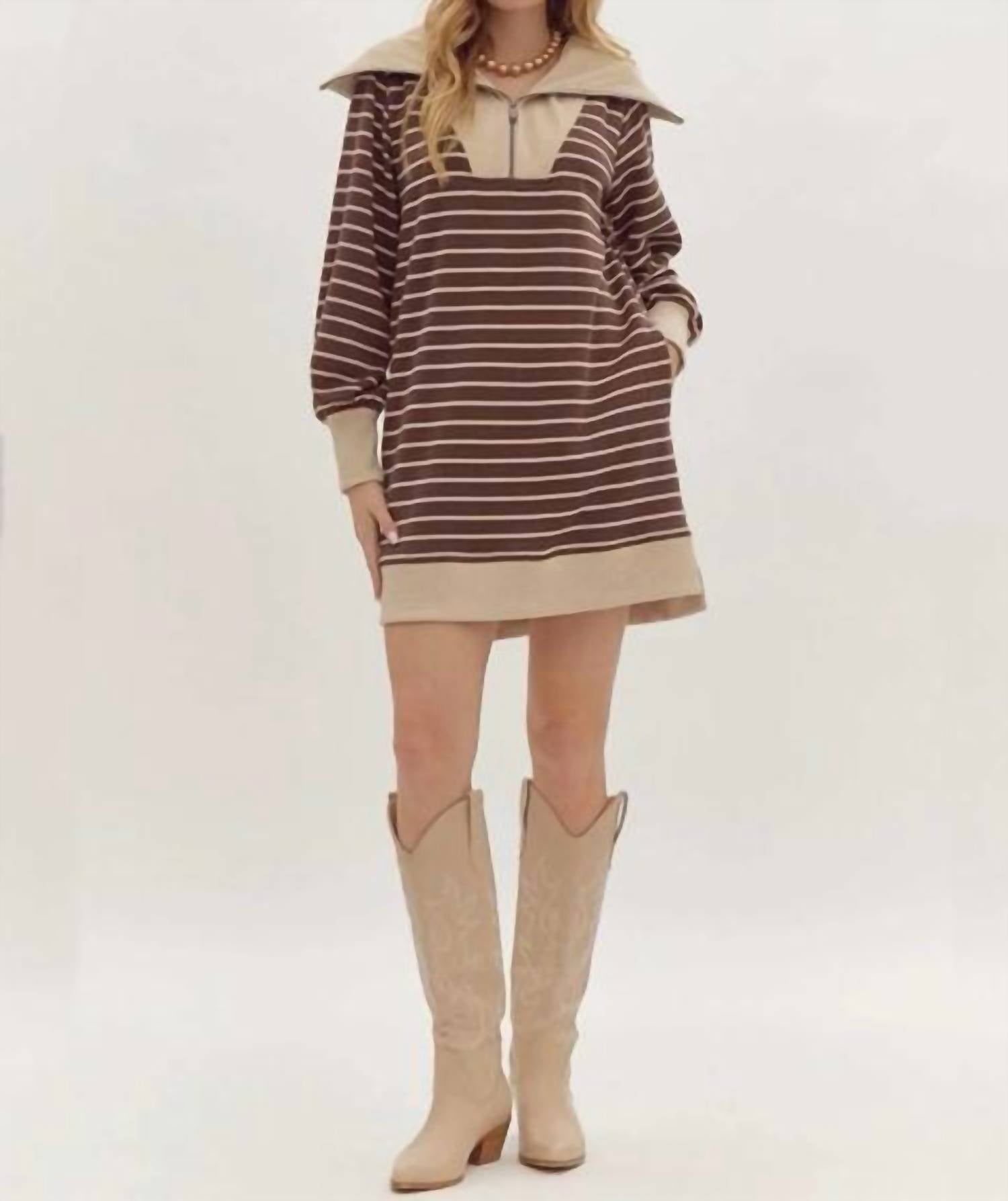 Entro - Ribbed Zip-up Collared Mini Dress