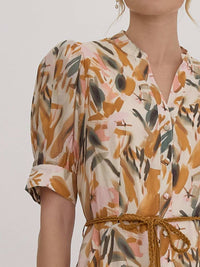 Entro - Women's Leaf Print Braided Belt Shirt Dress
