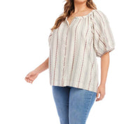 Karen Kane - Stripe Puff Sleeve Embroidered Peasant Top - Plus