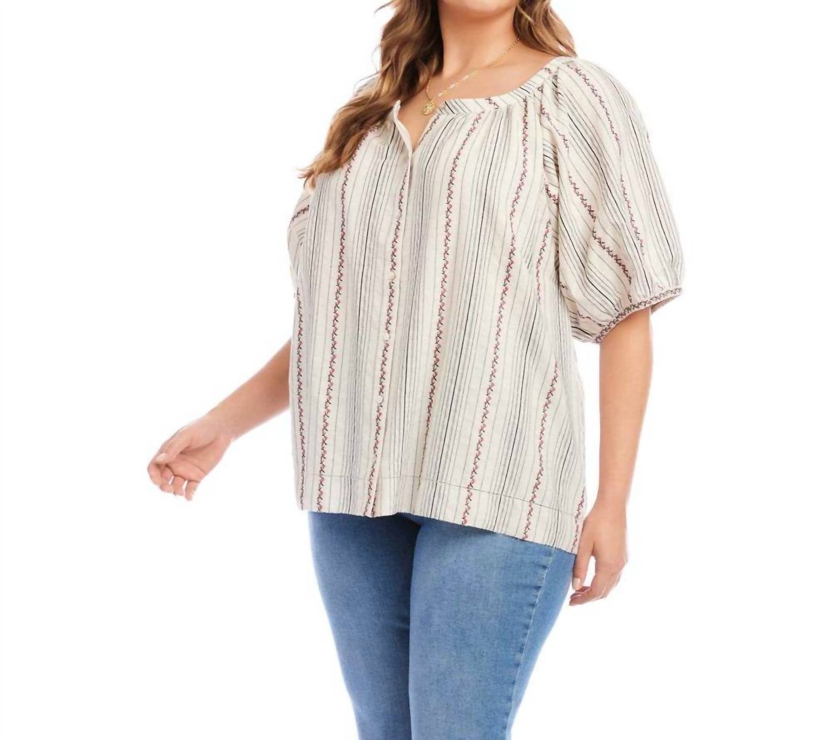 Karen Kane - Stripe Puff Sleeve Embroidered Peasant Top - Plus