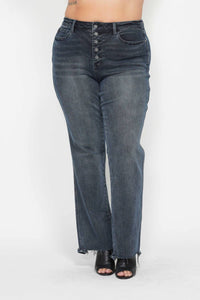 Judy Blue - High Waisted Button Fly Hem Distressed Straight Leg Jeans - Plus