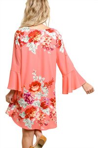 Umgee - Floral Print Bell Sleeve Mini Dress
