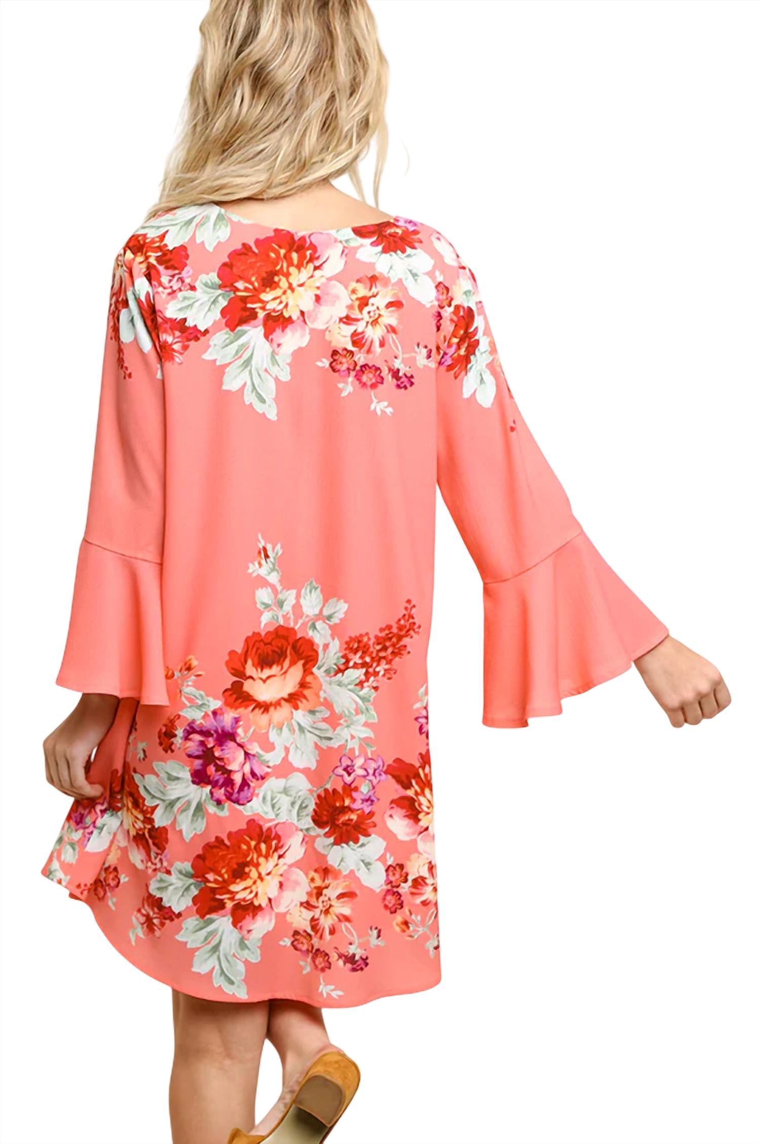Umgee - Floral Print Bell Sleeve Mini Dress