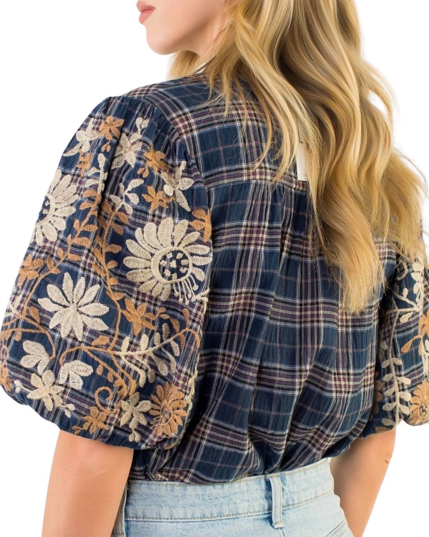 Thml - Embroidered Puff Sleeve Gingham Top