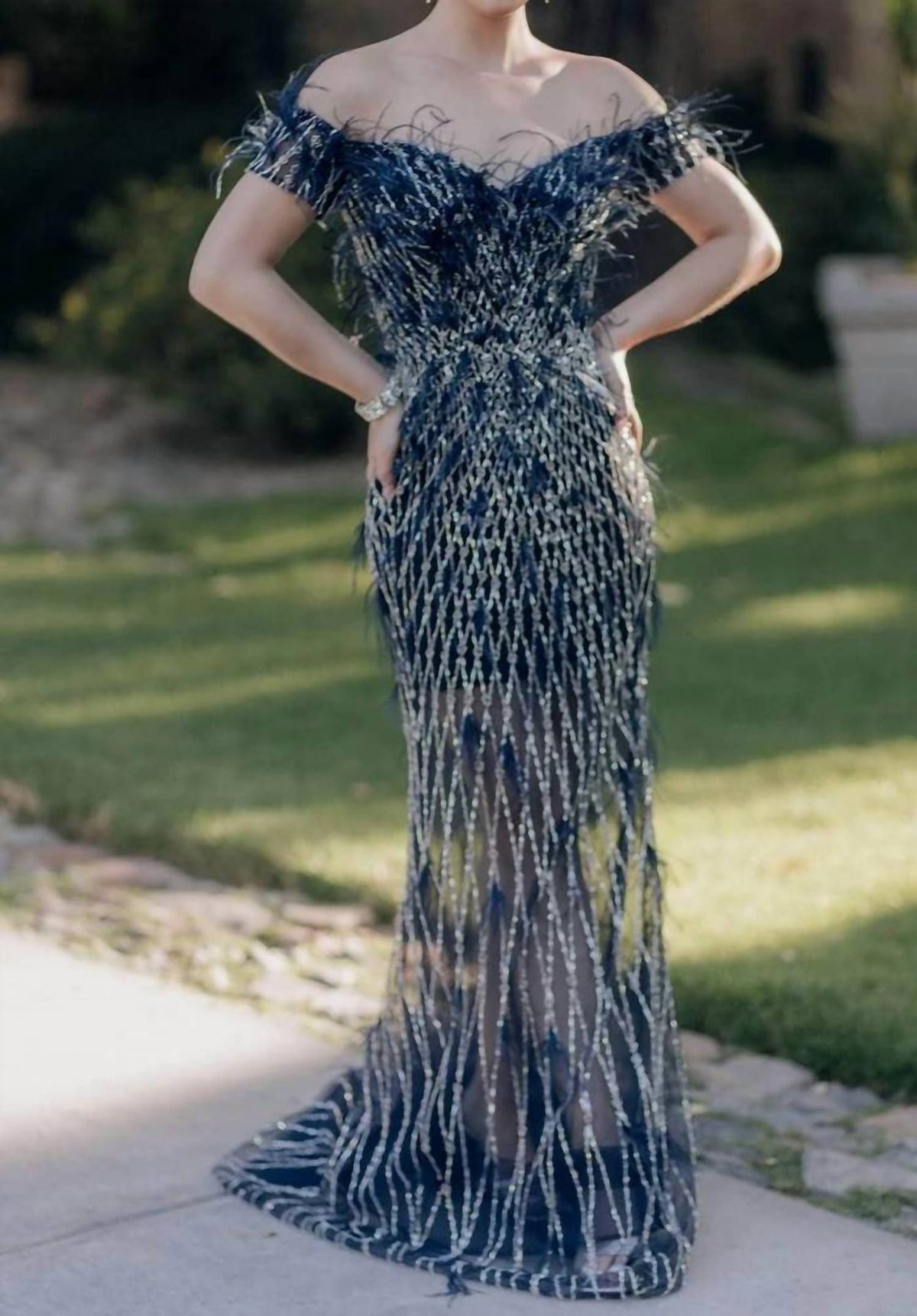 Terani Couture - Off-shoulder Feathered Sheer Prom Dress