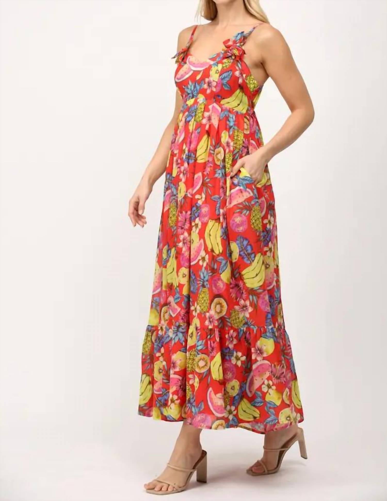 Fate - fruit motif print cotton voile floral trimmed maxi dress