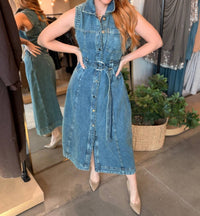 ELAN Midi Sleeveless A Line Denim Dress in blue - women's dress - detail view