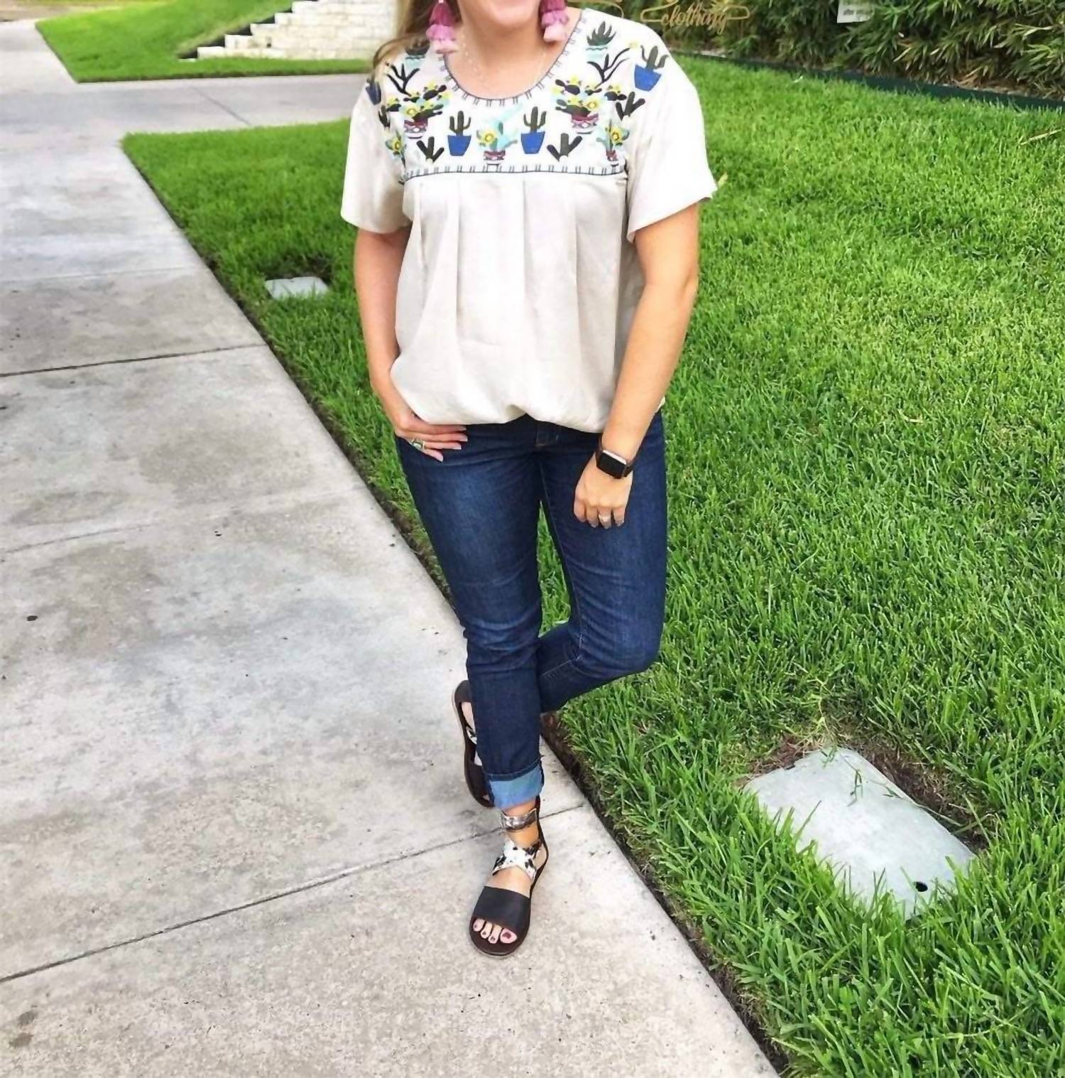 Layerz Clothing Cactus Embroidered Top in cream - women's t-shirt - view 6