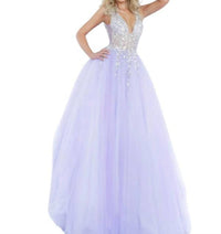 Jovani - Crystal Embellished Plunging V-neck Ballgown