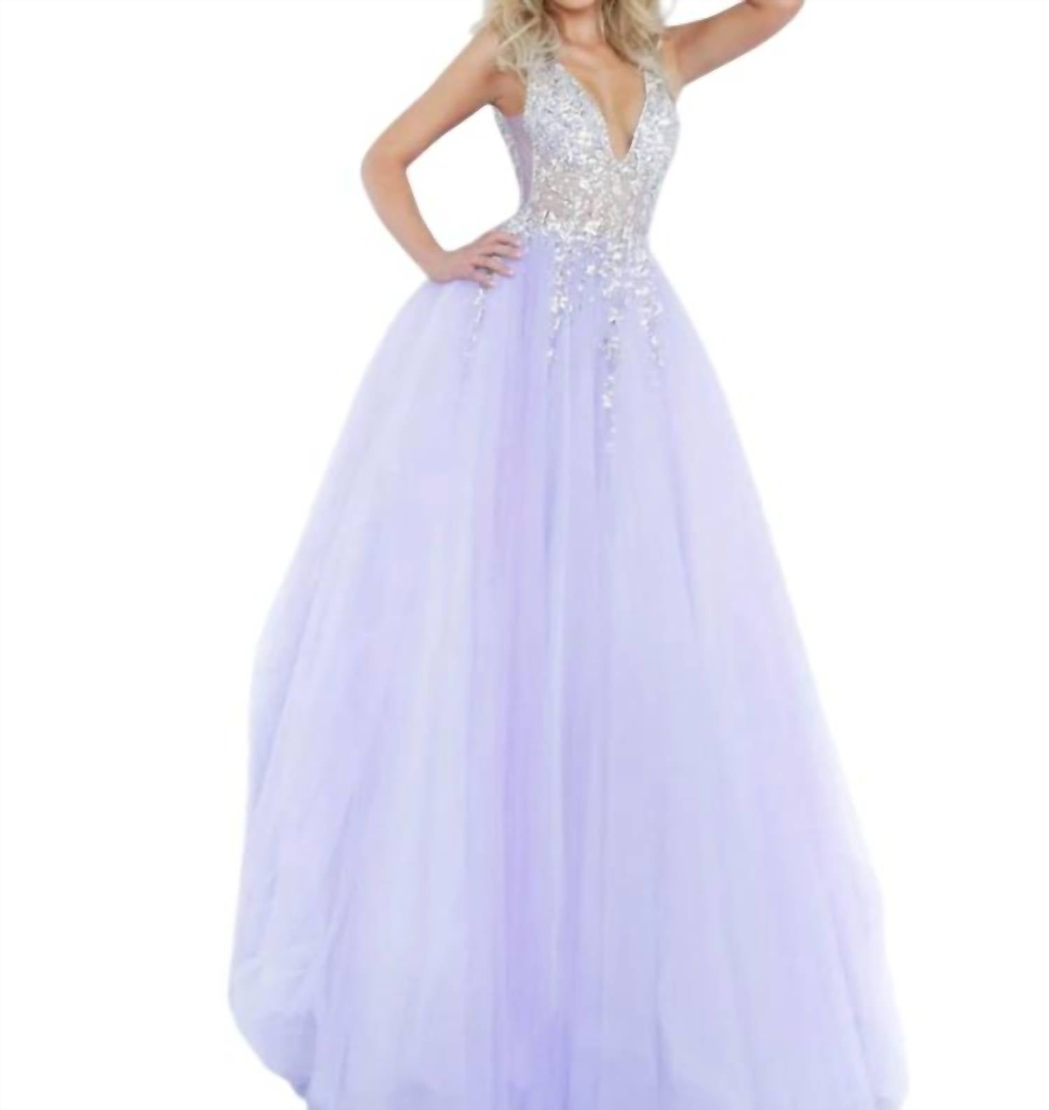 Jovani - Crystal Embellished Plunging V-neck Ballgown
