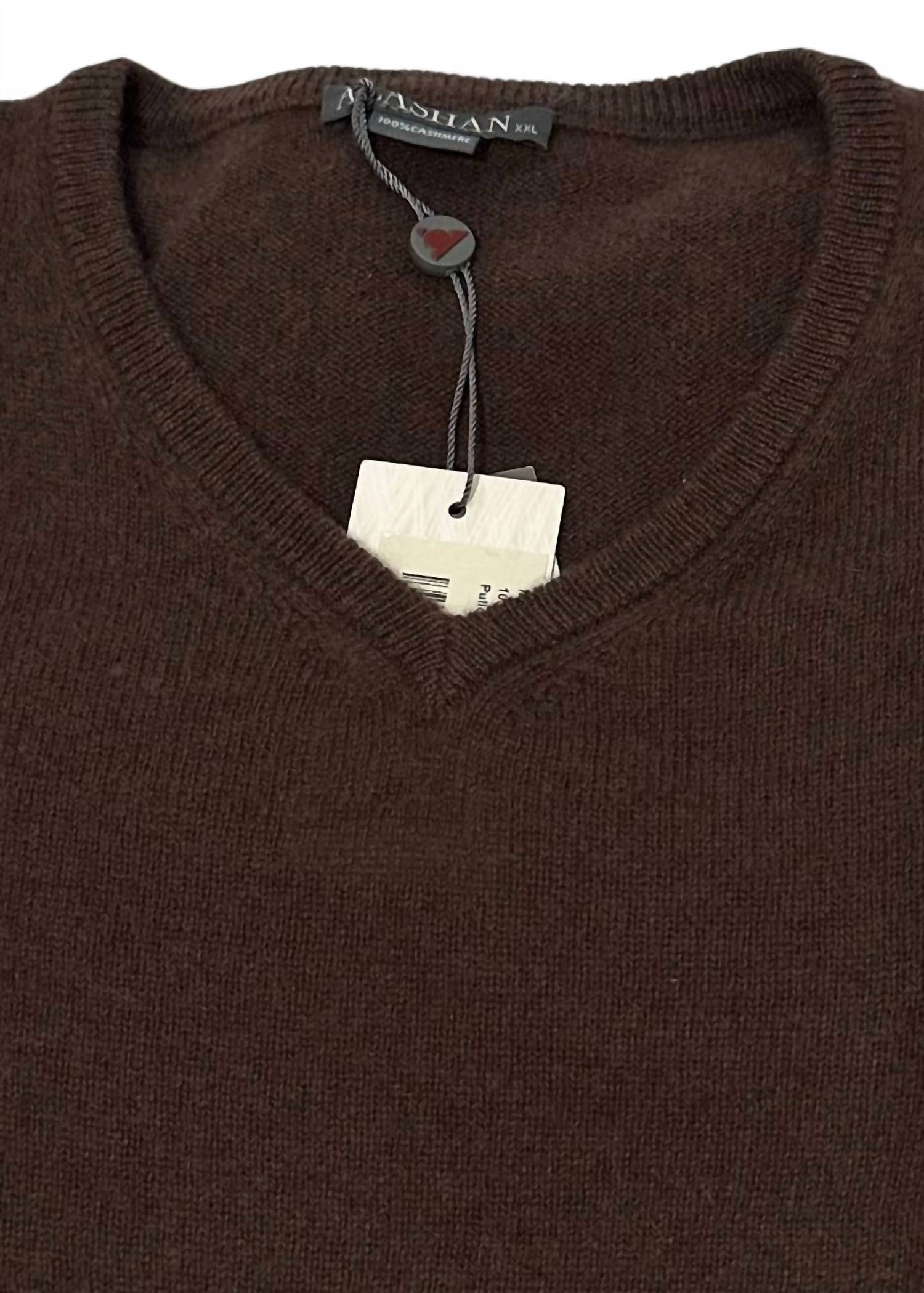 Alashan Cashmere Men's Cashmere V-neck Pullover Sweater in mocha - men's sweater - detail view