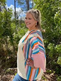 Easel - Mineral Wash Quarter Sleeves Multi Stripe Top