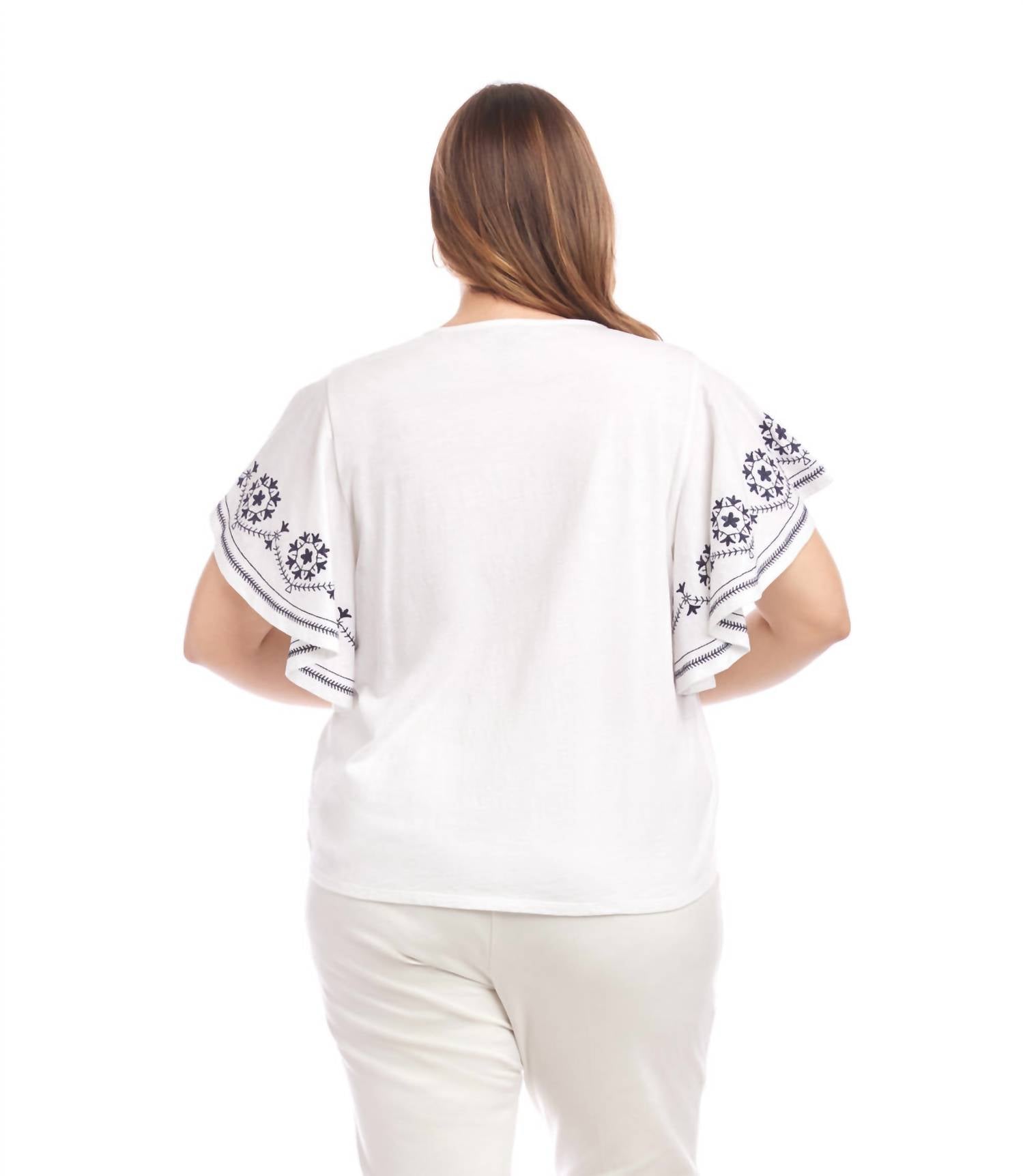 Karen Kane - Embroidered Flutter Sleeve Top - Plus