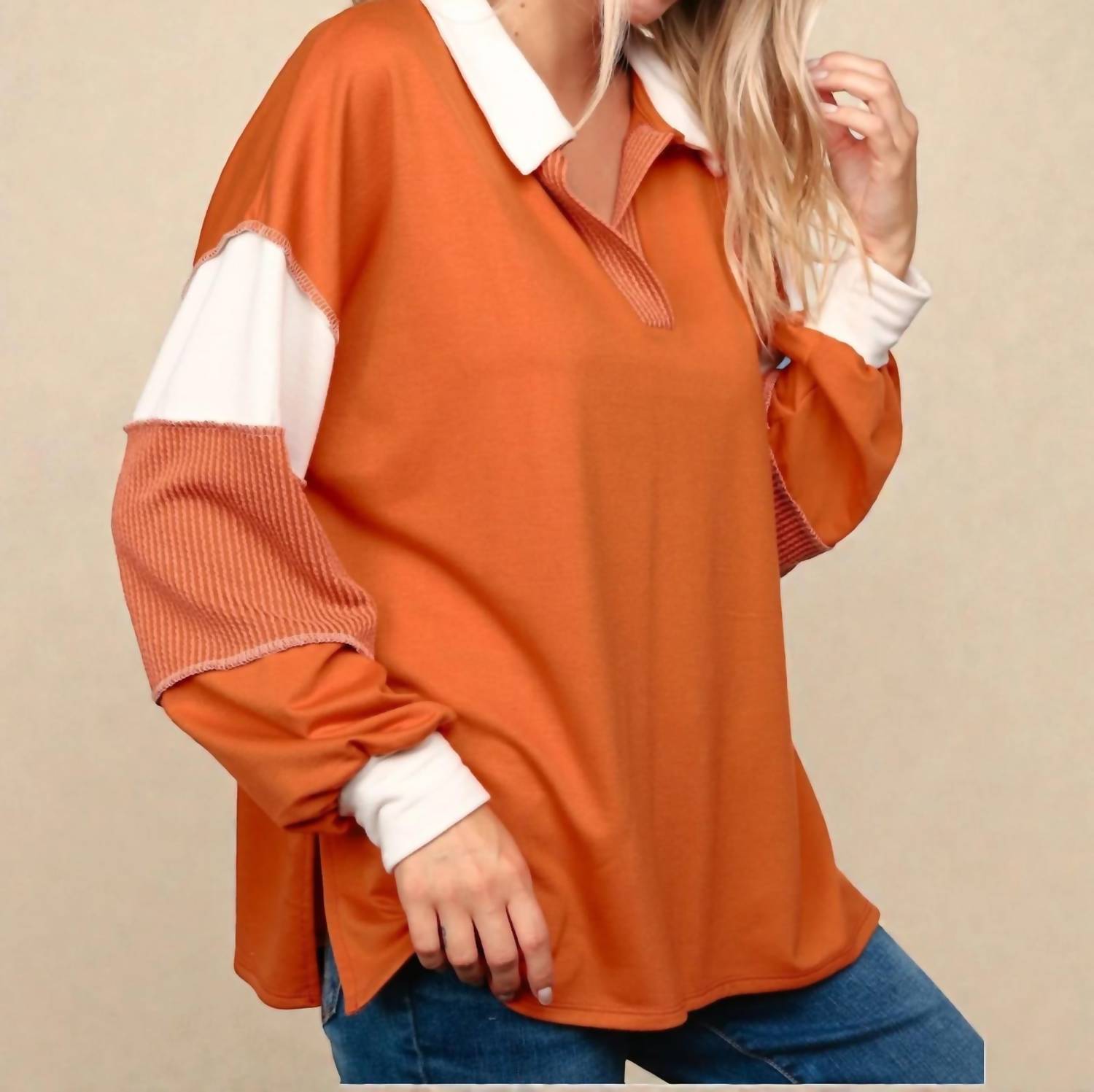 Haptics - V Neck Color Block Long Sleeve Top
