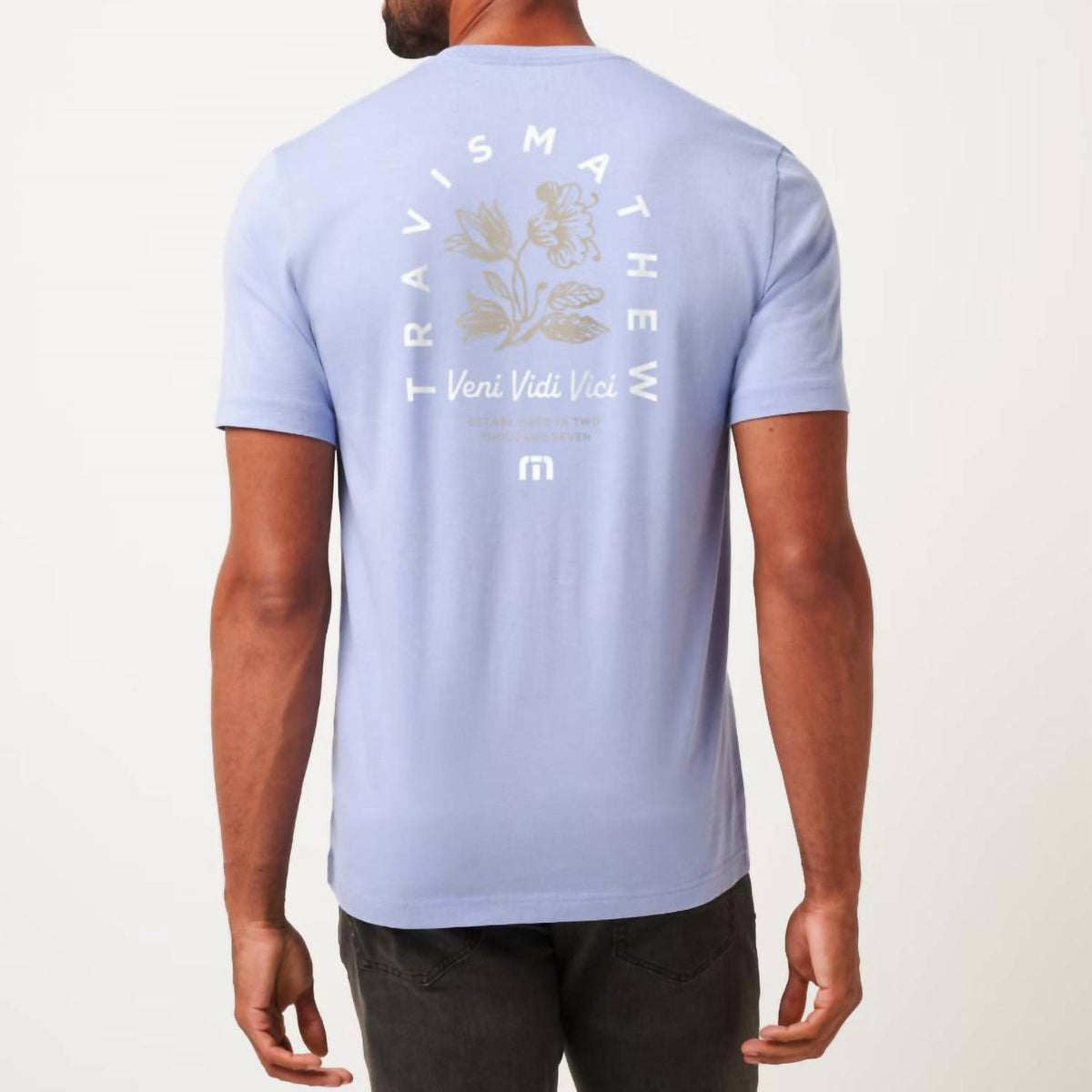 TravisMathew Night Diver Short Sleeve Tee in heather violet storm - men's t-shirt - detail view