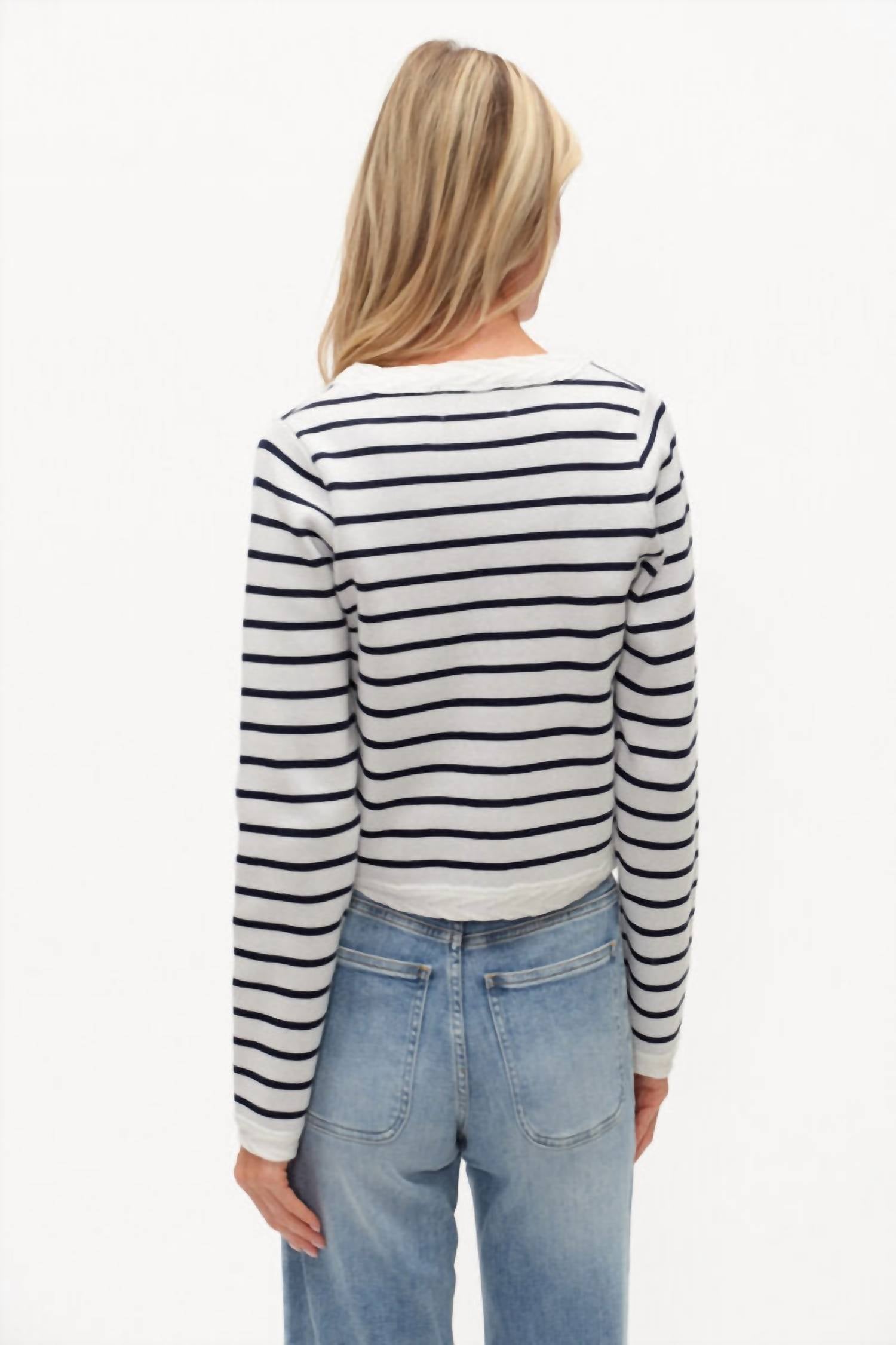 SIX/FIFTY Blaire Striped Button Up Cardigan Top in white navy - women's cardigan - alternate view