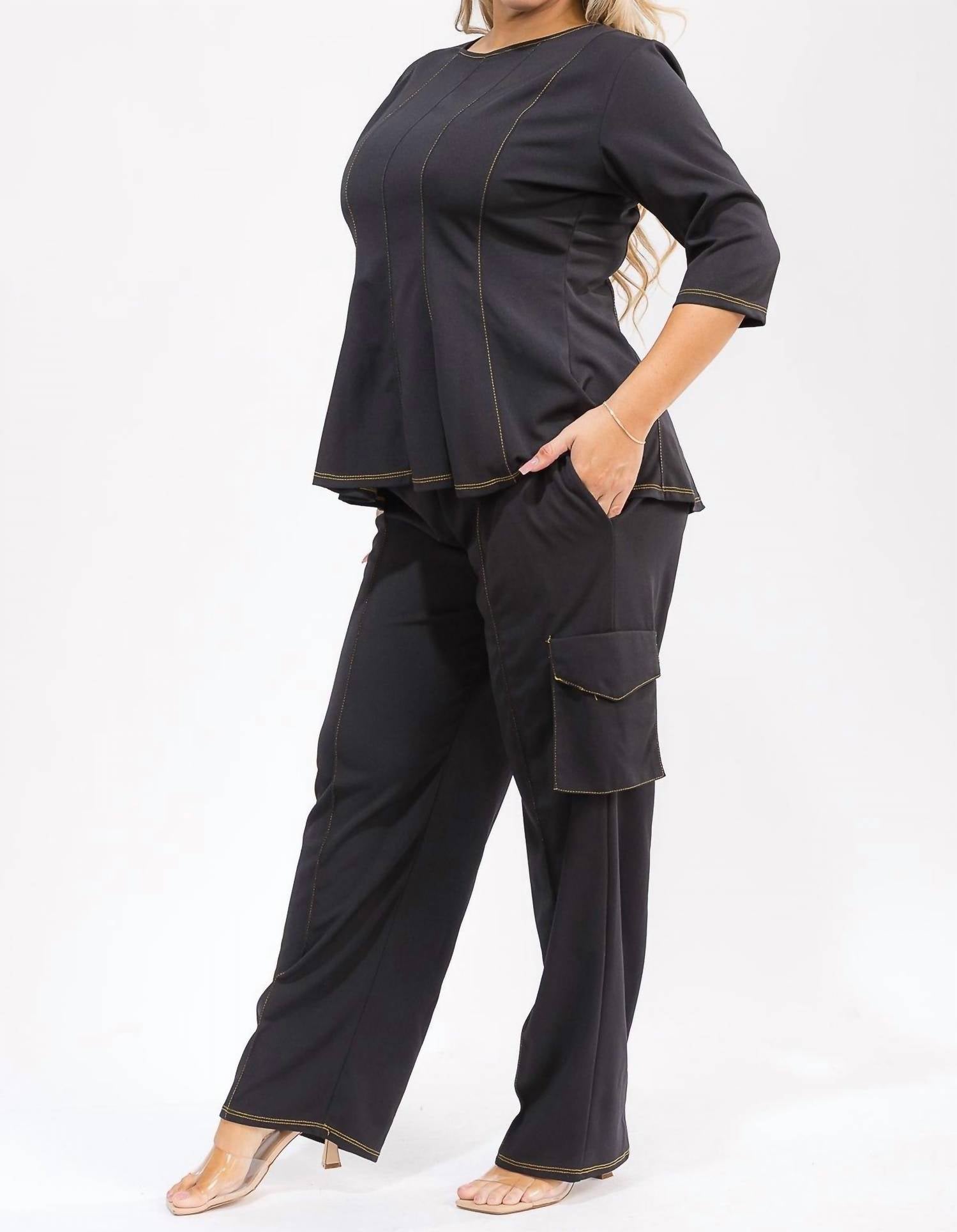 Karen T Design - Peplum Top And Straight Cargo Pants Set