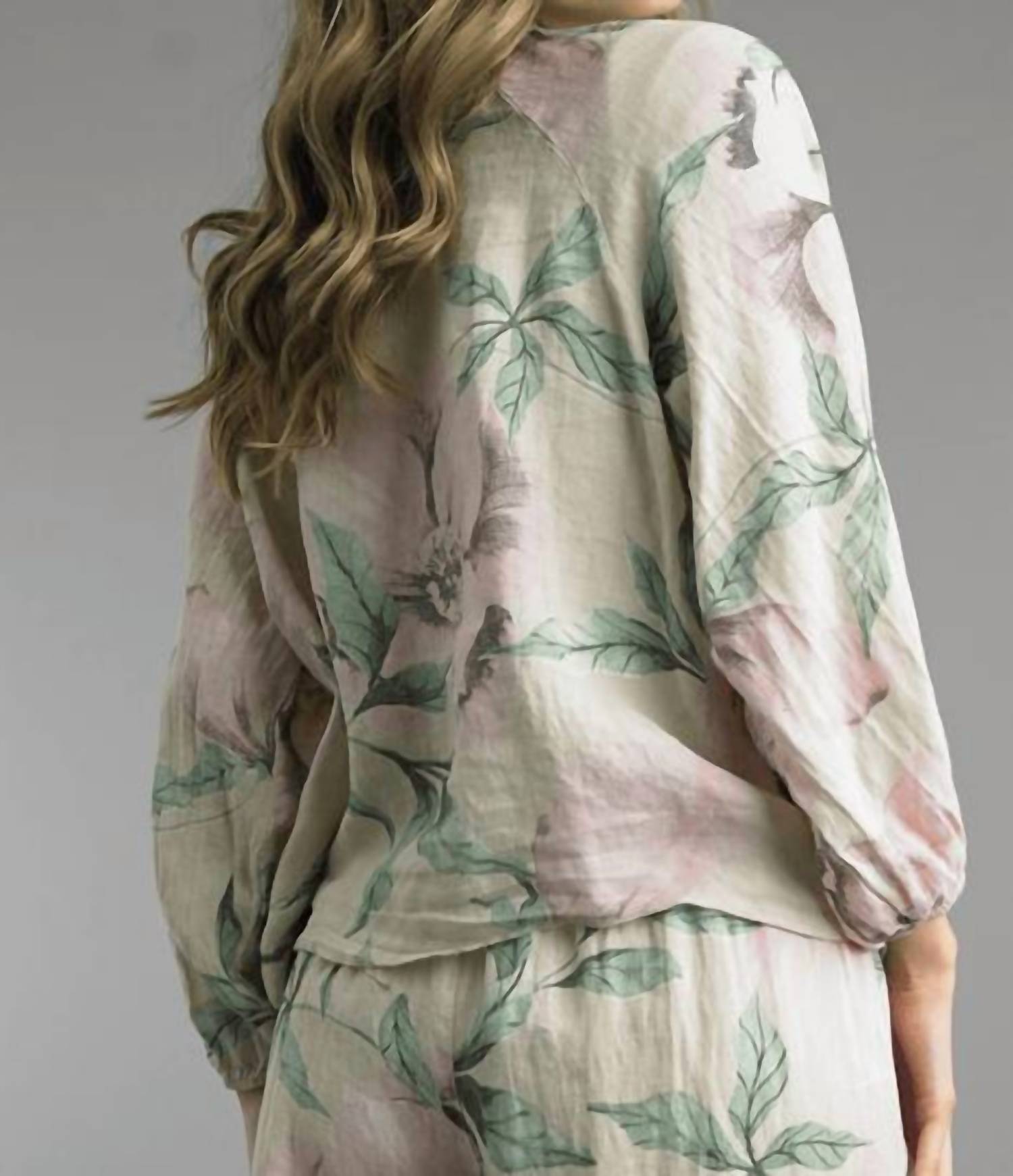 TEMPO PARIS Tie Front Linen Top in printed flower - women's blouse - detail view