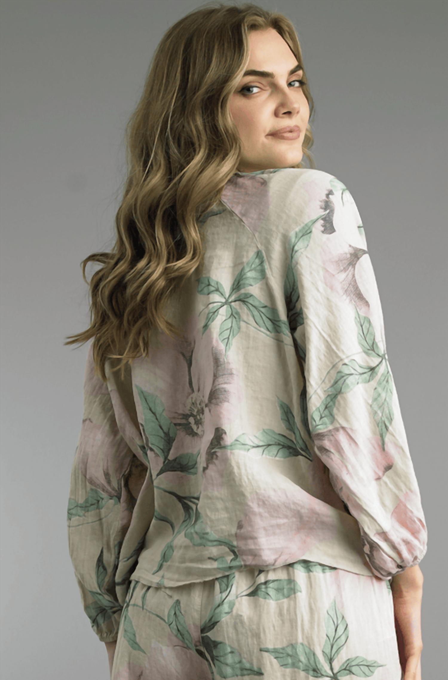 TEMPO PARIS Tie Front Linen Top in printed flower - women's blouse - alternate view