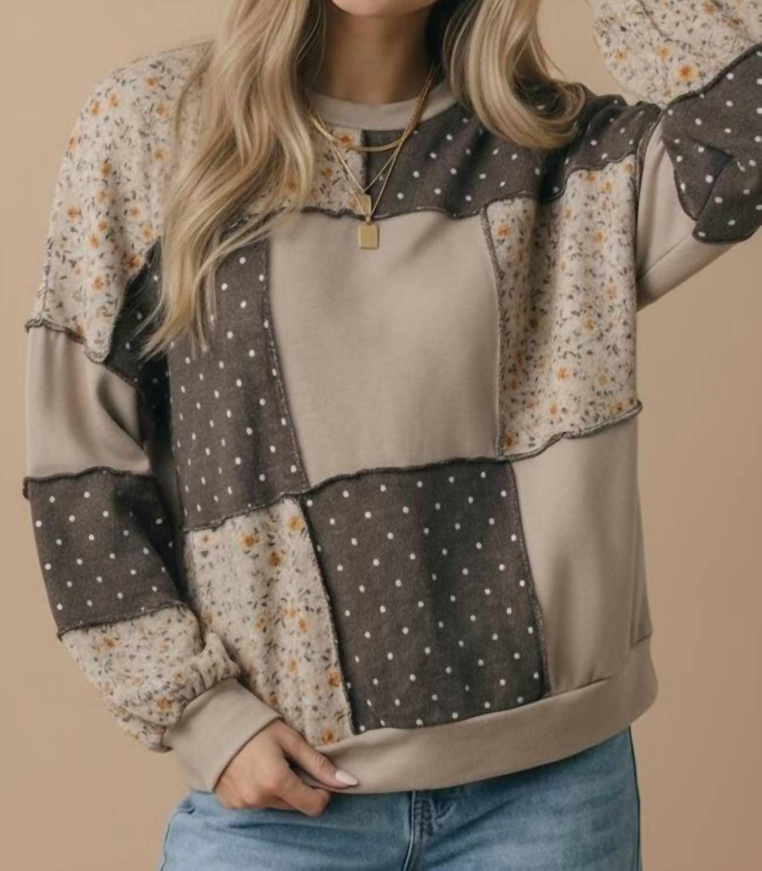 Haptics - Patchwork Floral And Polka Dot Pullover Sweatshirt