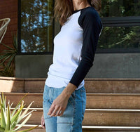 NSF Aria Fitted Baby Rib Raglan Tee in white black - women's long sleeve top - detail view