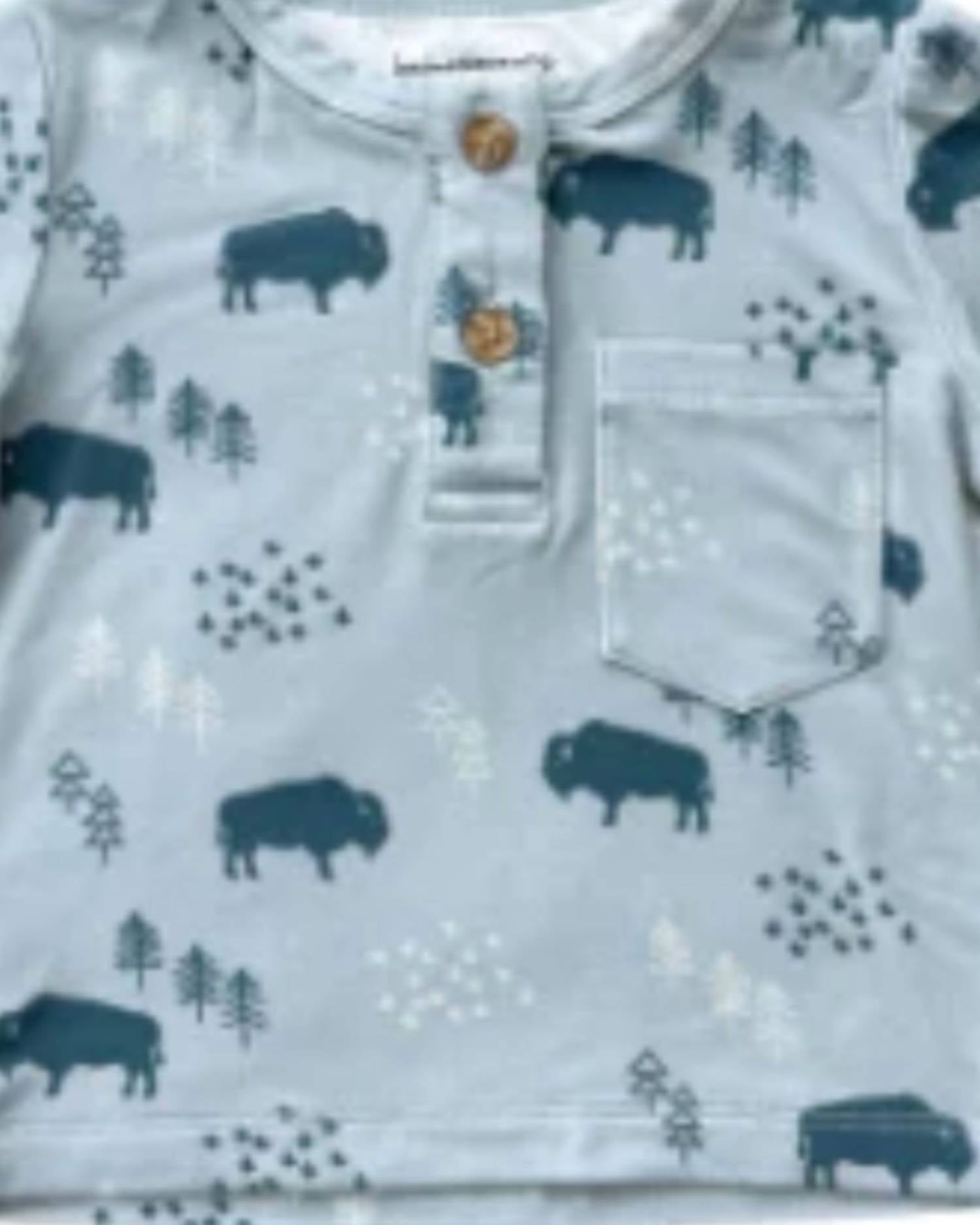 babysprouts Boy’s Long Sleeve Henley Shirt in buffalo - kids' long sleeve top - detail view