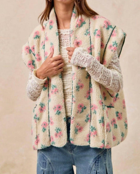 Bibi - Floral Print Drop Shoulder Fleece Vest With Patch Pockets
