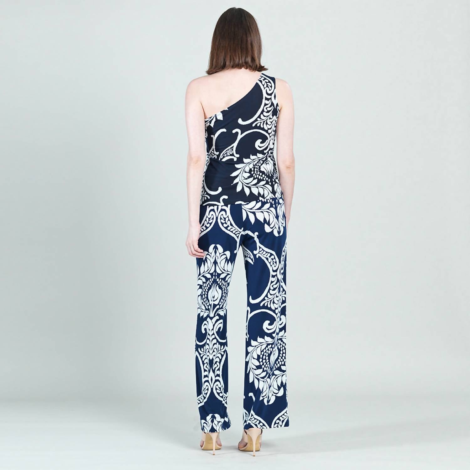 Clara Sun Woo one shoulder top in navy white print - women's tank top - alternate view