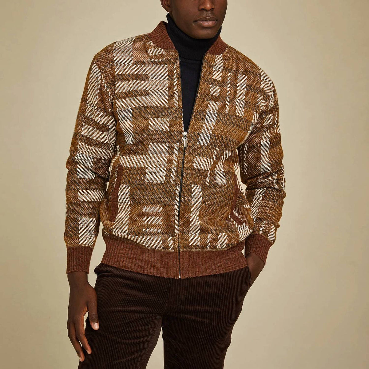 Inserch - Geometric Full Zip Baseball Knit Jacket