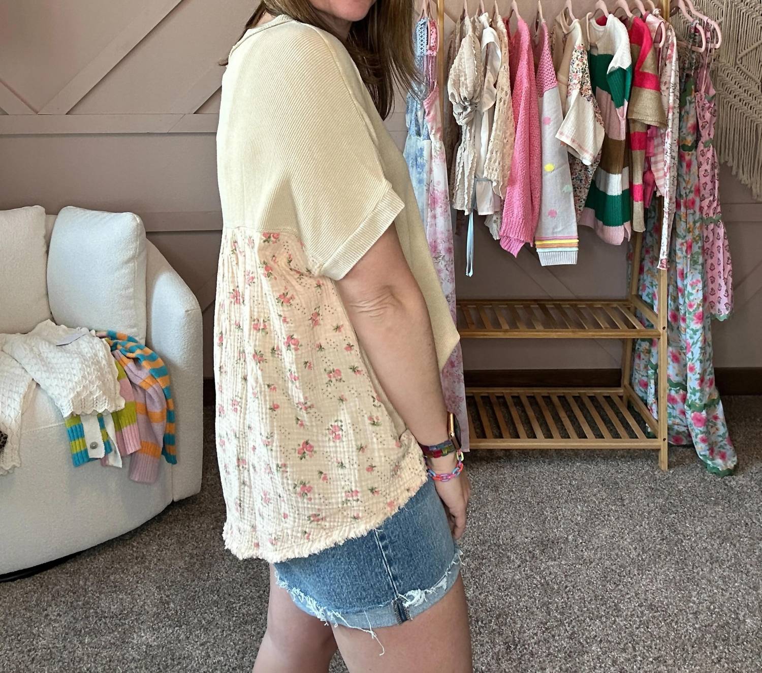 Easel - Floral Button Henley Top