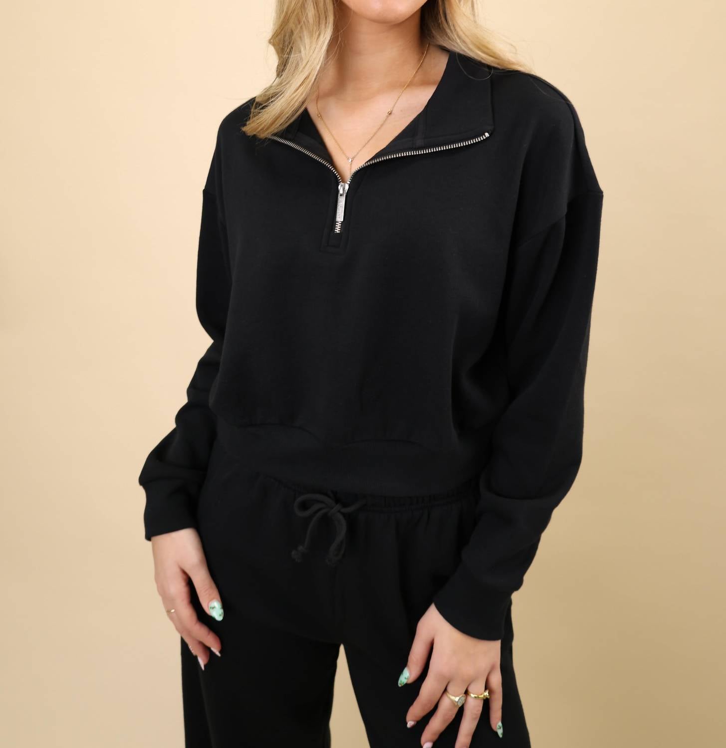 Z Supply Downtown Half Zip Sweatshirt Top in black - women's top - detail view