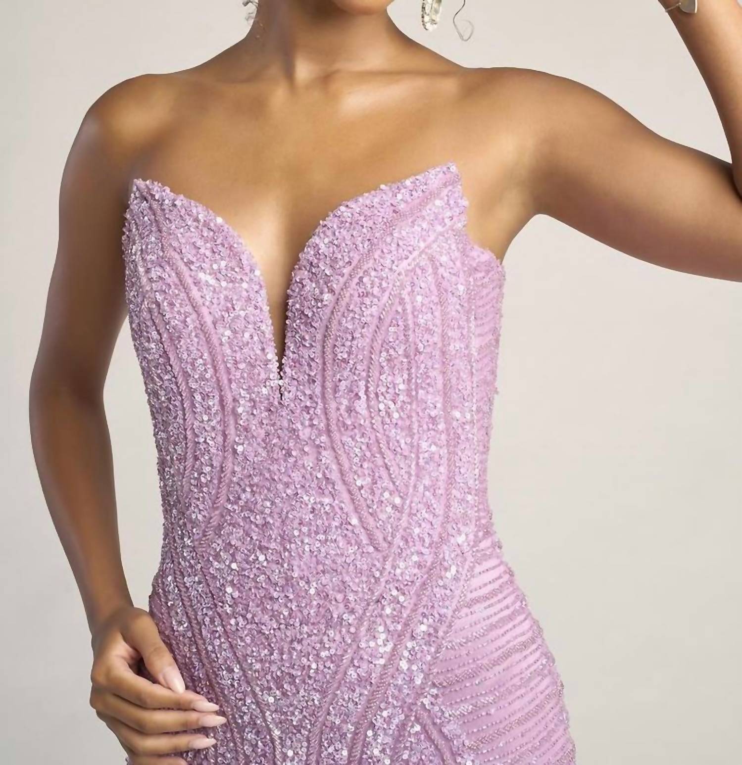 PORTIA&SCARLETT Fully Embellished Strapless Dress With Slit in lilac - women's dress - detail view