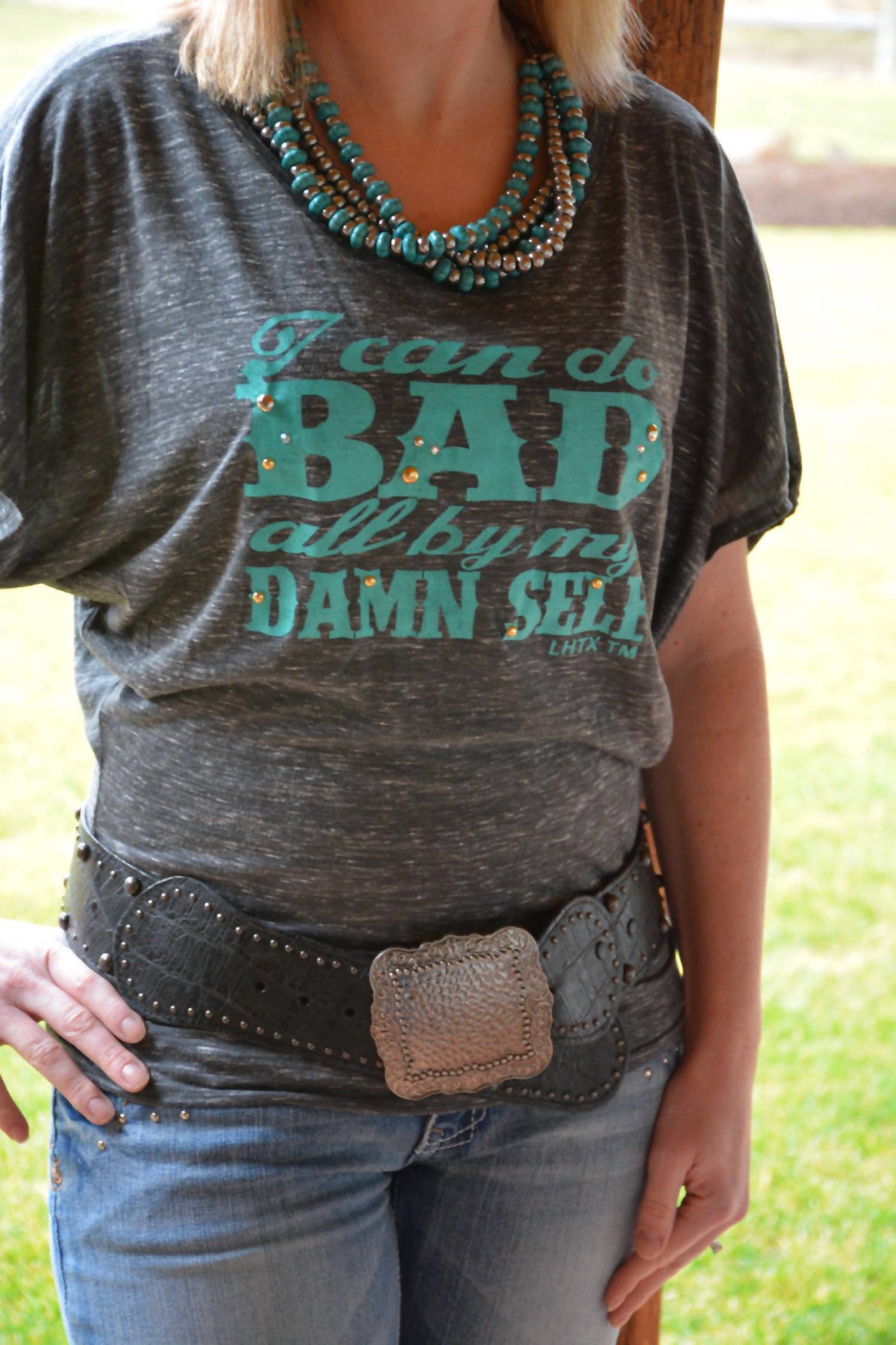 LHTX I Can Do Bad All By My Damn Self Top in grey - women's blouse - detail view